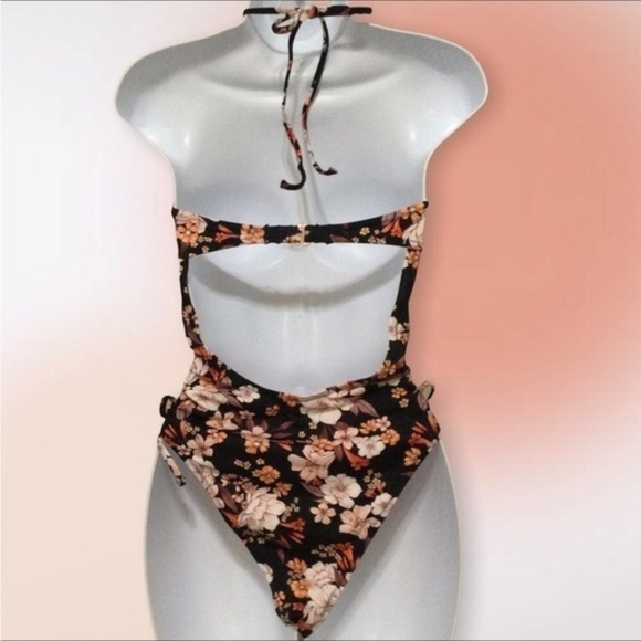 Shade & Shore Floral Halter One Piece Low Back High Cut Swimsuit Med - Picture 7 of 15